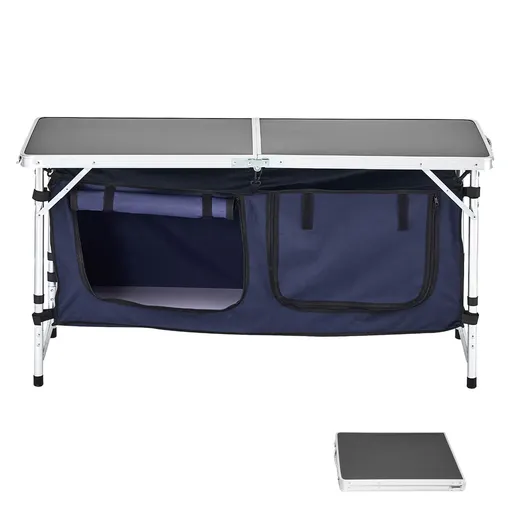 Camping Kitchen Table, Folding Outdoor Cooking Table, 3 Adjustable Height, Aluminum Lightweight Portable Cook Station with Storage Organizer, Carry Handle, for BBQ Party Picnic RV Travel, Blue