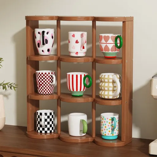 Coffee Tea Mug Storage Shelf, Wall Mounted Coffee Tea Cup Holders, Tea Cup and Saucer Display Rack, Rustics Brown Wooden Display Shelves, Desktop Storage Rack Multi Layer Cup Rack