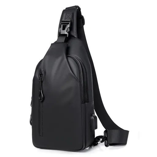 Black Water / Wrinkle-Resistant Nylon Men's Tactical Chest Bag with USB Charging Port - 4 Layer Large Capacity Crossbody Pack