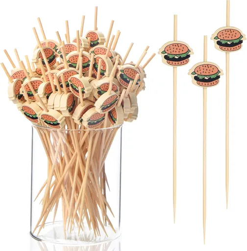 100 Pack Food Toothpicks for Appetizers, 4.7 Inch Bamboo Cocktail Picks Skewers Fruit Sticks, Fancy Toothpicks for Breakfast Sandwiches Hamburger Fruit and Parties Events