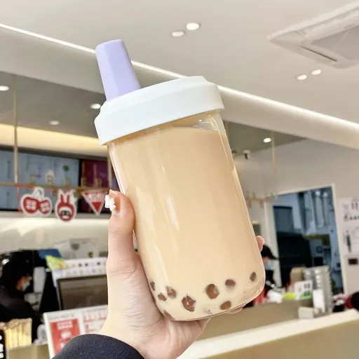Reusable Boba Cup for Bubble Tea Boba Tea Cup with Lid and Straw, Leakproof Kawaii Cup, Bubble Tea Cup, Smoothie Tumbler, Insulated, Reusable Straw for Boba Pearls, Boba Gift A Purple