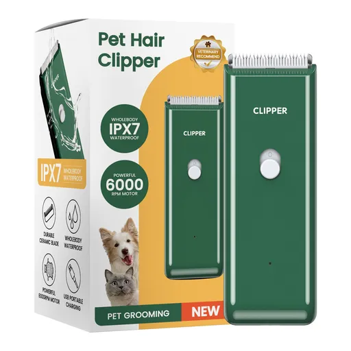 Green Portable Pet Grooming Clipper for Dogs and Cats - IPX7 Waterproof USB Rechargeable Low Noise Hair Trimmer with Ceramic Blade and 4 Combs for Home Veterinary Use