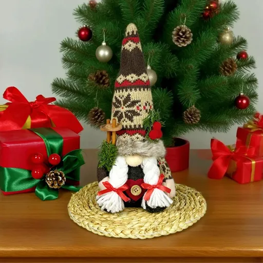 Knitted Hat Rudolph Gnome Figurine | Holding Pine Branches and Skis, Nordic-Style Adorable Ornament Lights Up Christmas./Knitted Snow Hat doll (female)