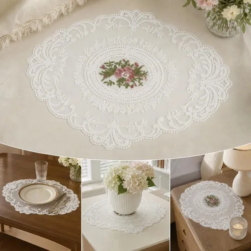 2 Pack Embroidery Mesh Coaster Mats 21x27cm White, Matching Nightstand Decor Set, Vintage Desktop Ornament Kit