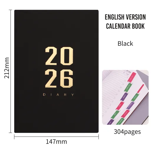 Agenda 2026 - Daily Agenda - A5 Format - 1 Day per Page - 304 Pages - [Black] - Hardcover