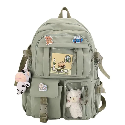 School Backpack Cute Waterproof for Girls with Accessories and Plush Pendant, Green