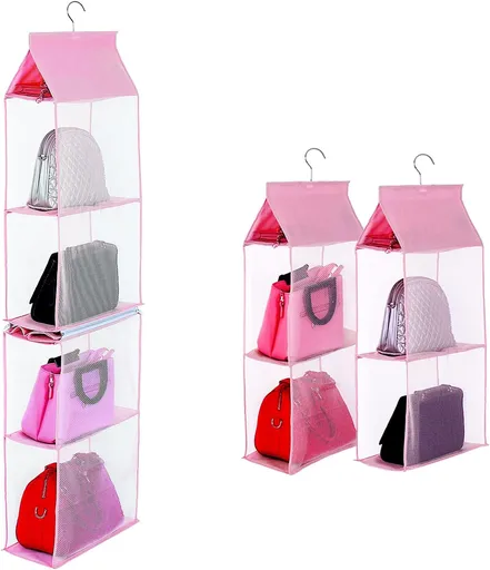 Closet Purse Organizer, Hanging Handbag Organizer with 4 Heavy-Duty Mesh Shelves Closet Purse Storage Bag (Pink)