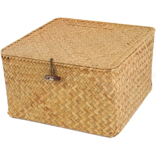 Medium Wicker Shelf Baskets Bin with Lid, Handwoven Seagrass Basket Storage Bins Rectangular Household Basket Boxes for Shelf Wardrobe Home Organizer