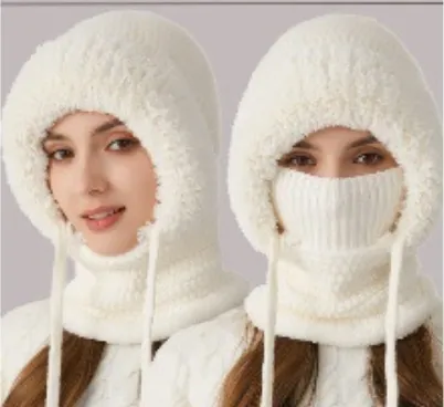Winter Corn Velvet Hooded Scarf Mask Set - 3-in-1 Thermal Fleece Lined Balaclava for Extreme Cold - Windproof Face Cover for Skiing Cycling - Off White (2-Pack Same Color)