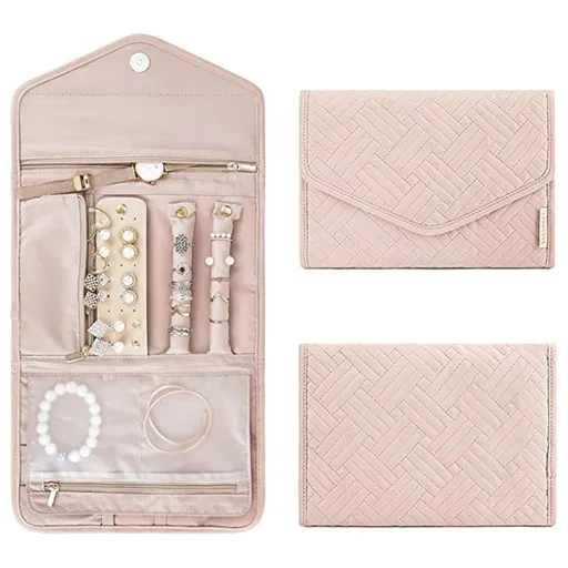 Pink Portable Jewelry Roll Bag Travel Organiser High-End Delicate Accessories Necklace Earring Ring Storage(Jewelry is not included)