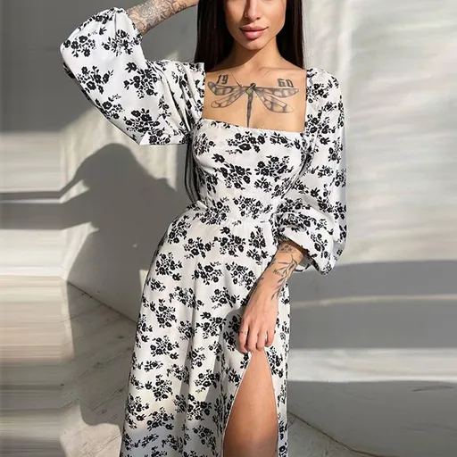 Hong Hao Women Printed Backless Long Dress Spring 2026 White Size: S; Height (cm): 155-160; Weight (kg): 45-50; Bust (cm): 82-86; Waist (cm): 66-70; Shoulder width (cm): 37; Length (cm): 58