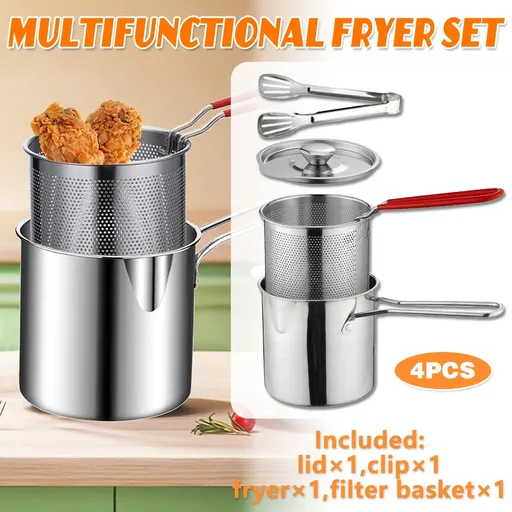 4PCS Stainless Steel Fryer Set Basket Lid Clip Induction Stove Cooking Pot