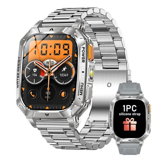 Smart Watch Bluetooth Calling Square Screen Fitness Tracker 1400mAh Battery Waterproof Silver Steel