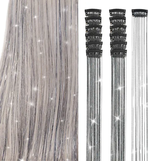 Hair Tinsels Festival Extensions Glitter 12 Piece Clip On Accessory Set 52Cm Long For Christmas And New Year Suitable Women Girls Children (Black)