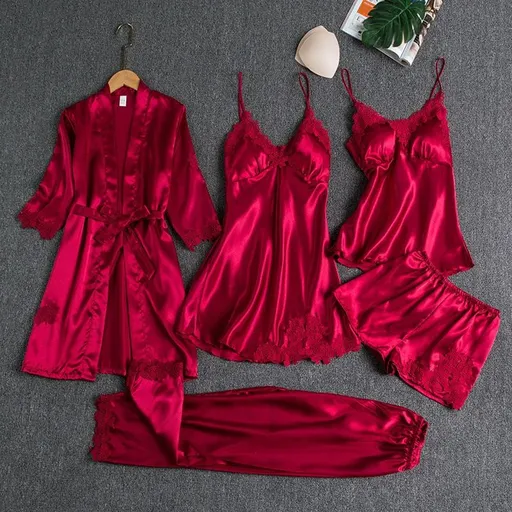 Women Sleepwear Set Long Sleeve Ice Silk Burgundy XL