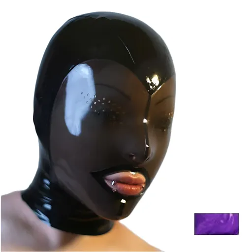 House Of Dasein Fetish Mask With Back Zip Transparent Black Face Hood Latex - Purple
