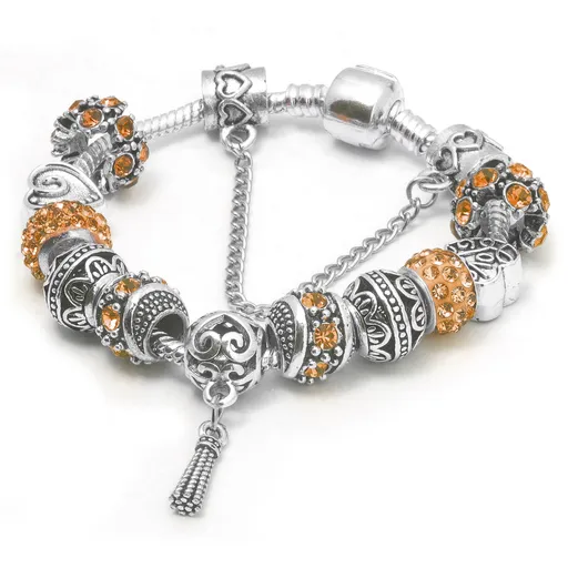 Vintage Silver-Plated Charm Bracelet Crystal-Embedded Hollow Carved Multi-Bead Fashion Jewelry Orange 17cm
