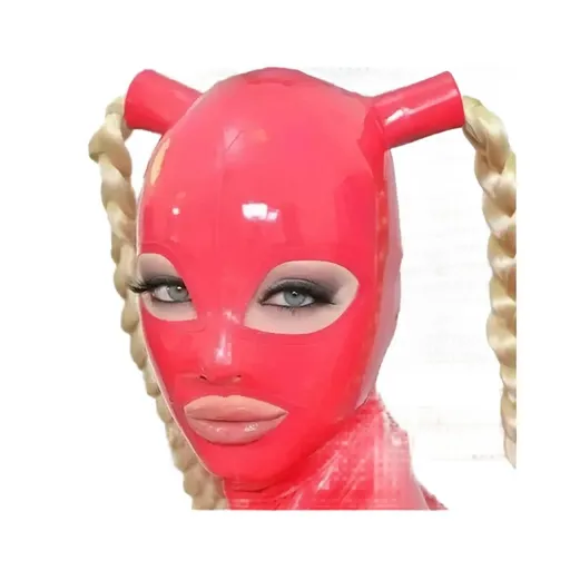 House Of Dasein 100 Percent Latex Mask Rubber Unisex Hood With Pigtails Fetish Two Braid Wigs Headgear Customized - Red - L