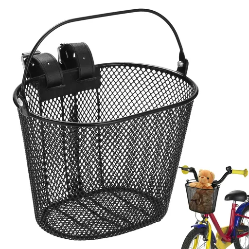 Small Bike Basket for Handlebars, Metal Front Bicycle Basket with Adjustable PU Straps & Carry Handle, Removable Storage Accessories for Tricycle, Scooter, Balance Bike