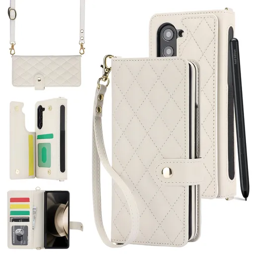White Galaxy Z Fold5 Multi-Functional Leather Wallet Case for Samsung Z Fold Series - Crossbody with Pen Slot, Quilted Design Pen Not Included
