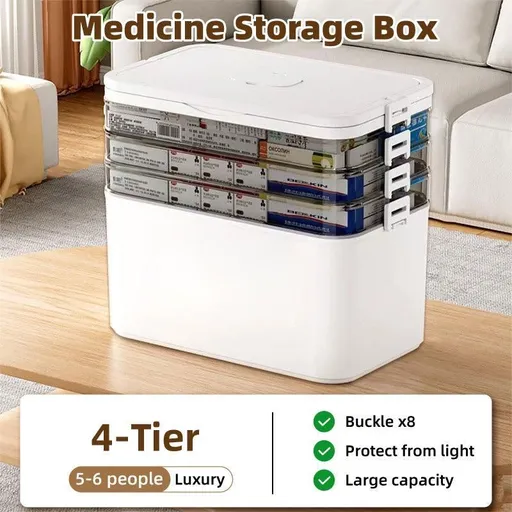 Medicine Storage Box 4 Layer Portable Medical Organizer Family First Aid Emergency Box 30cm x 16.5cm x 27.5cm High-quality Plastic
