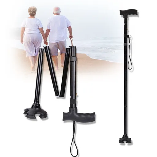 Handle and Anti-Lost Wrist Strap Non-Slip Self-Standing 4-Legged Rubber Support Collapsible Cane for Elderly Disabled Men Women