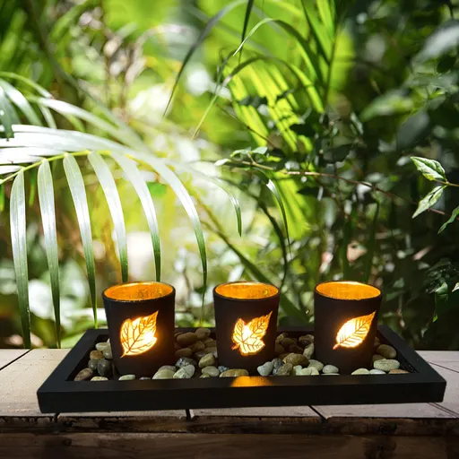 3-Piece Leaf Cutout Tealight Candle Holder Set with Black Tray and Decorative Stones