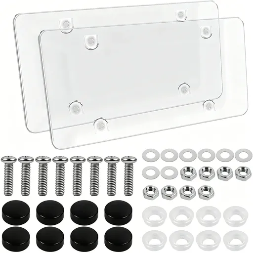 2 Pieces Clear License Plate Covers Flat Vehicle Tag Frame Protector with Screws and Caps Universal for Sedan, SUV, RV, 12.2 x 6.3 Inches, Transparent