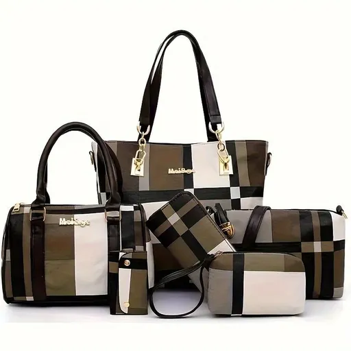 Women'S Bag Set Six Piece Bag Set Checkered Bag Large Capacity Bag Korean Style - Green - Size 30-27-13