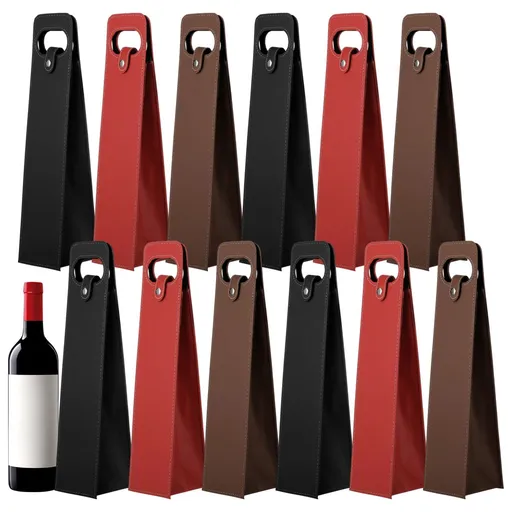 12PCS PU Leather Wine Present Bags, Reusable Single Bottle Wine Tote Carrier with Handle and Button Closure, Champagne Bottle Protective Bags for Wedding Birthday Party Christmas