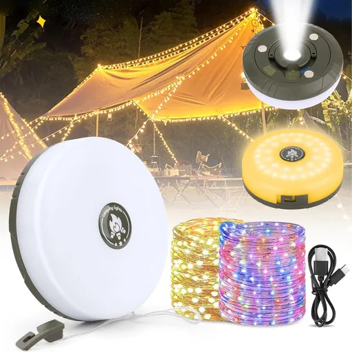 2-Piece Camping Light String 10 M - Warm Lights and Colored Light - Camping Lighting String - Light Garland - Ambience Strip - 4-in-1 Portable - Camp Lamp - Retractable - Waterproof - Solar String Lights - For Camping, Garden, Decoration - USB Rechar