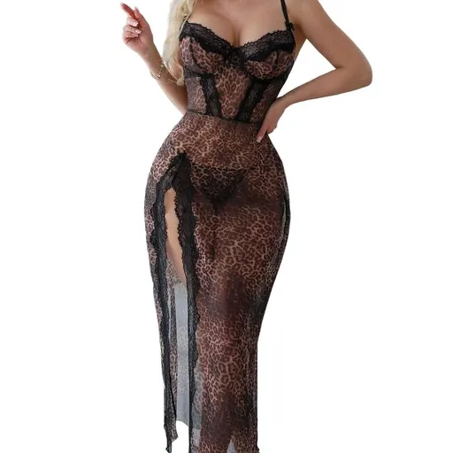 Lace Leopard Print High Slit Strap Dress With Pure Desire And Seductive Charm - Leopard Print - L
