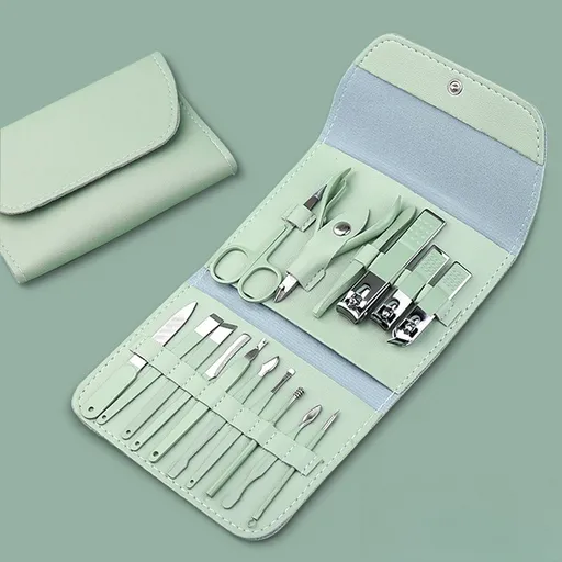 16-Piece Stainless Steel Manicure and Pedicure Set, Home Nail Clippers and Cuticle Tools Kit for Hand, Foot, and Facial Care—Green