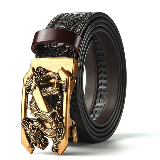 Brown 120CM Men's Genuine Cowhide Vintage Carved Belt with Gold Dragon Design Automatic Sliding Buckle