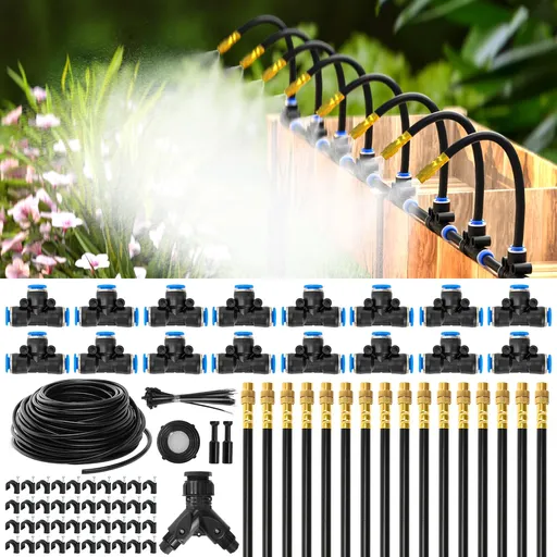 100Ft 1/4" Drip Irrigation System, Garden Irrigation Kit with 16pcs Adjustable Copper Nozzles,Automatic Atomizing Watering Sprinkler System for Outdoor,Raisedbed,Lawn,Greenhouse