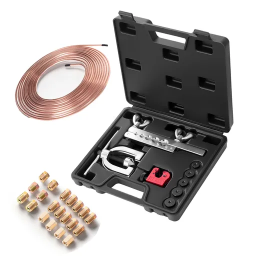 Brake Line Repair Kit, 45° Double & Single Brake Line Flaring Tool Kit, 7.6m x 4.76mm Copper Coated Brake Line (with 16 Fittings & 4 Unions) - Tube Cutter, 5 Adapters and Toolbox Included