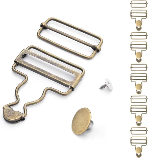 CooBigo 6 Sets Metal Overalls Buckles, 1-1/2" Overall Replacement Clasp Clips with Adjustable Tri Glide Slide Buckle and Buttons for Jeans Suspender, Bib Pants DIY Sewing Accessories (Bronze)