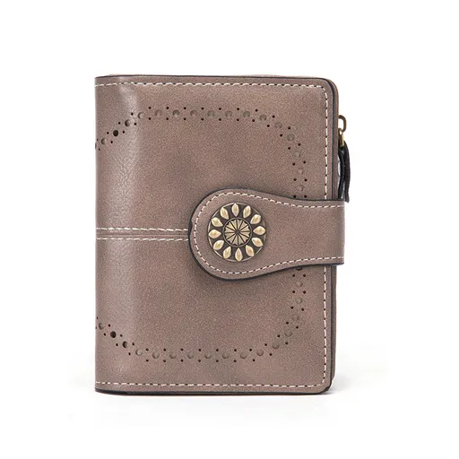 Dark Grey Korean Style Cutout Compact PU Leather Wallet - Women's Mini Bifold Purses with 8 Card Slots, 2 ID Window & Coin Zip Pocket