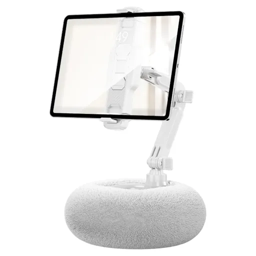 2-in-1 White Soft Plush Pillow Base & Tablet Holder - 3-Axis 180° Rotation, Height Adjustable and Telescopic Clamp Stand, Relieve Arm Fatigue and Neck Strain