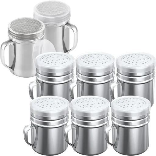 [6-pcs] 10 oz Stainless Steel Salt Pepper Dredge Shakers + [2-pcs] 10 oz Powdered Sugar Shakers - with Plastic Caps & Handles Bundle