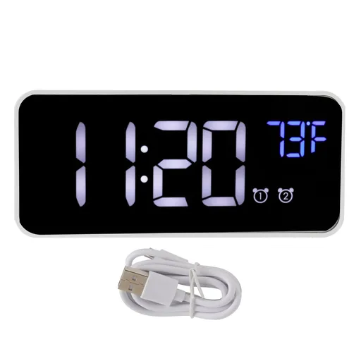 LED Digital Alarm Clock Thermometer with Snooze USB Charging Bedroom Office DecorationSilver