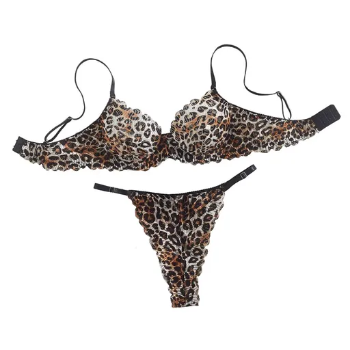 House Of Dasein Sexy Leopard Print Pure Desire Style Thin Underwear Large Chest Minimizer Push Up Bra And Thong Set - Leopard Print - S