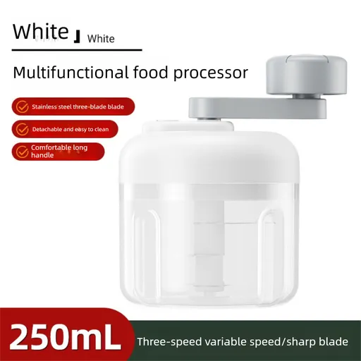 Manual Garlic Chopper & Food Processor 250ml Portable 3-Speed Hand-Crank Mincer – White Large Capacity Edition
