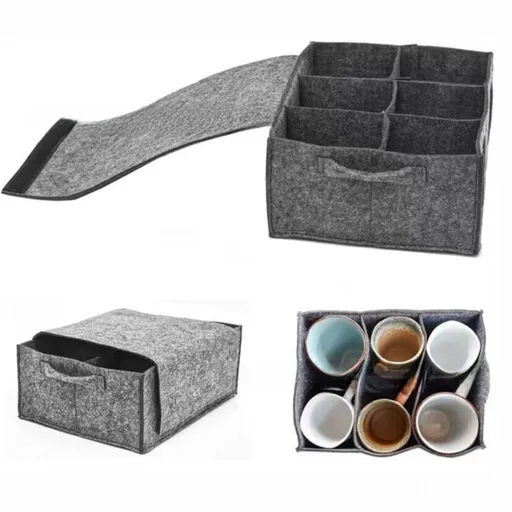 2 Pack Grey Foldable Mug Storage Organizer (Holds 6 Mugs) - Felt Camping & Picnic Dinnerware Storage Box with Handle and Secure Closure