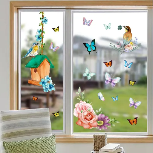 Spring Hummingbird Window Decals Reusable Thicken Anti-Collision Double-Side Window Stickers for Living Room Home Window