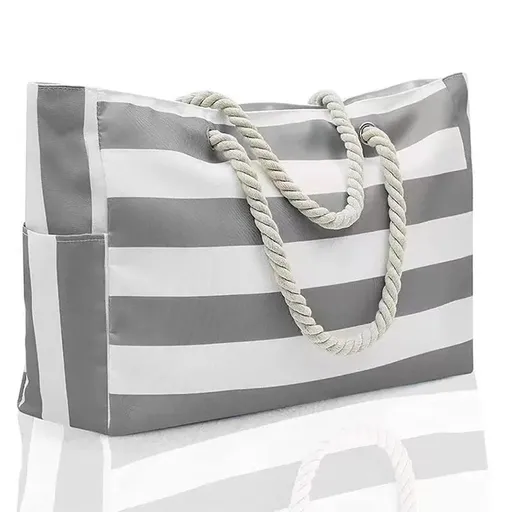 Large Bohemian Striped Canvas Beach Bag Zipper Tote for Travel Outdoor Vacation - Grey