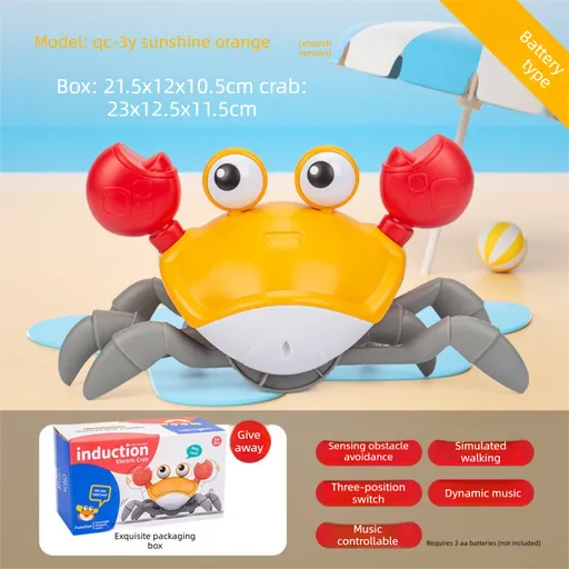 Electric Induction Crawling Crab Baby Toy Battery Operated with Silent Mode Music Off Switch Obstacle Avoidance Tummy Time Gift Sun Orange