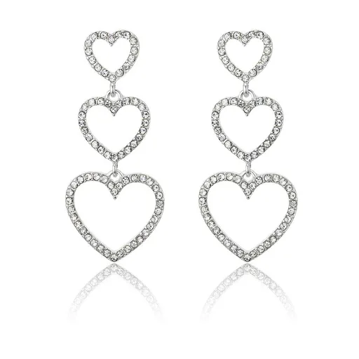 Crystal Interlocking Three Heart Hollow Dangle Stud Piercing Earrings For Women Silver Plated Alloy Valentines Gift For Her