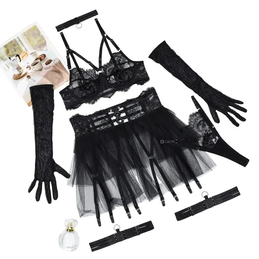 House Of Dasein Sexy Lingerie Lace See Through Mesh Fluffy Skirt Six Piece Set For Women - Black - M