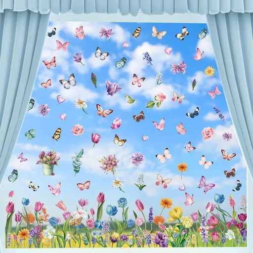 132Pcs Spring Window Clings, Double Sided Butterfly Spring Flower Window Stickers Anti-Collision Tulip Flower Window Decals